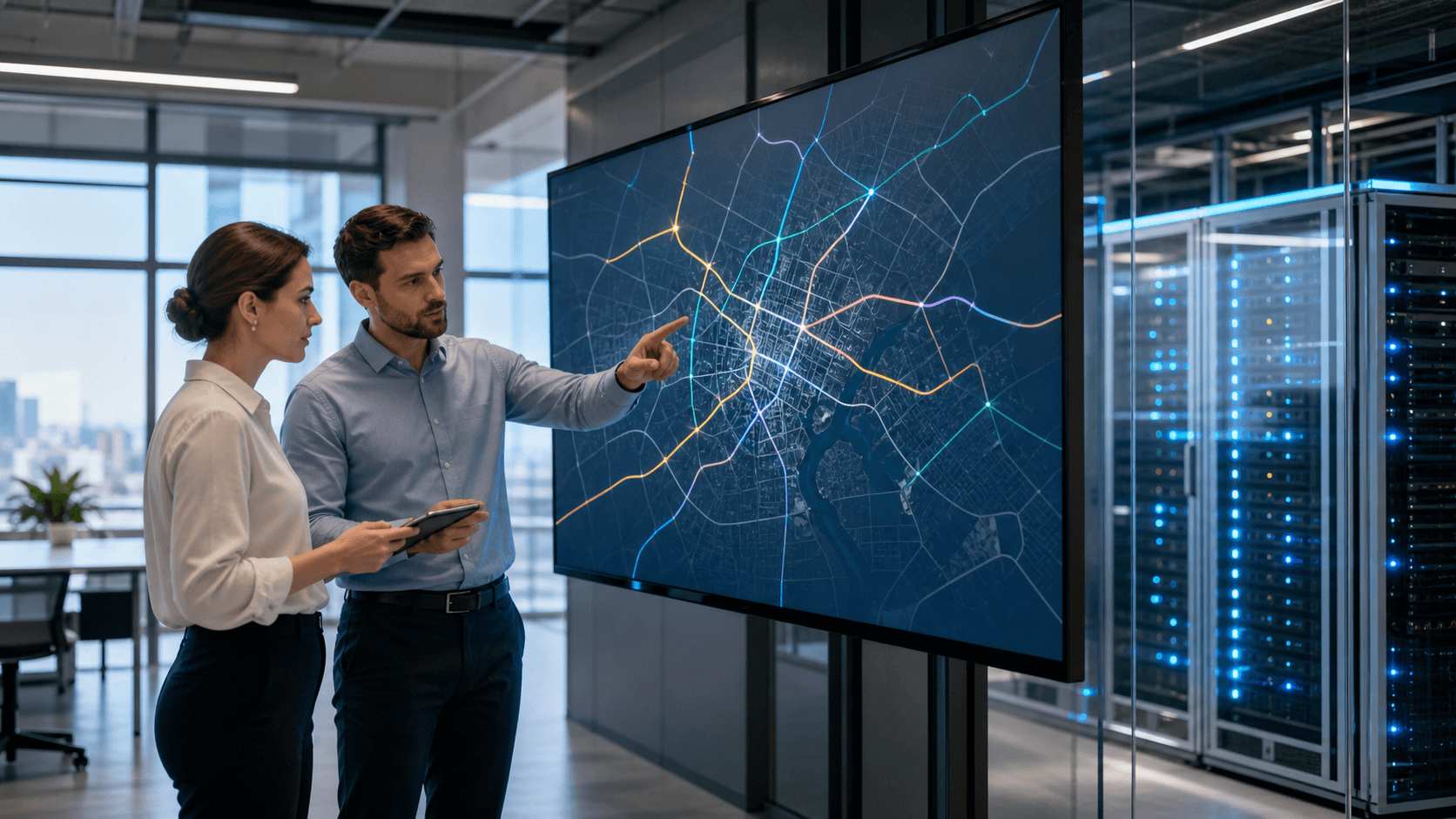 Glowing blue server racks and AI circuitry converge around a bright central data hub in a dark, futuristic setting.