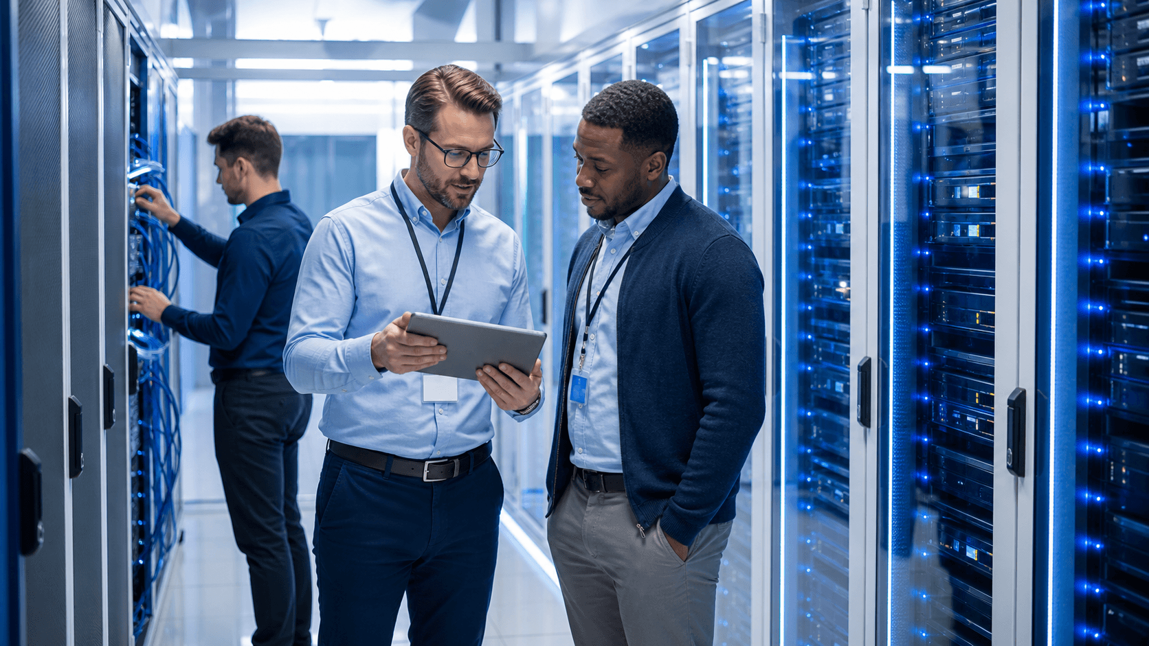 Blue-lit server racks in a modern data center with a technician reviewing a tablet.