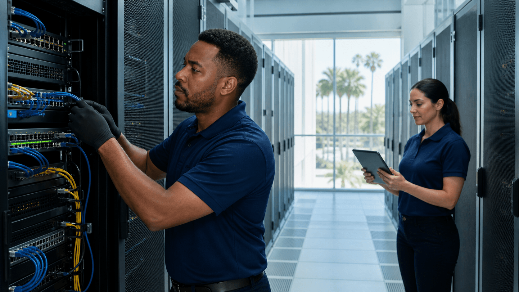 Technician in a blue-lit data center checks server racks with a tablet.