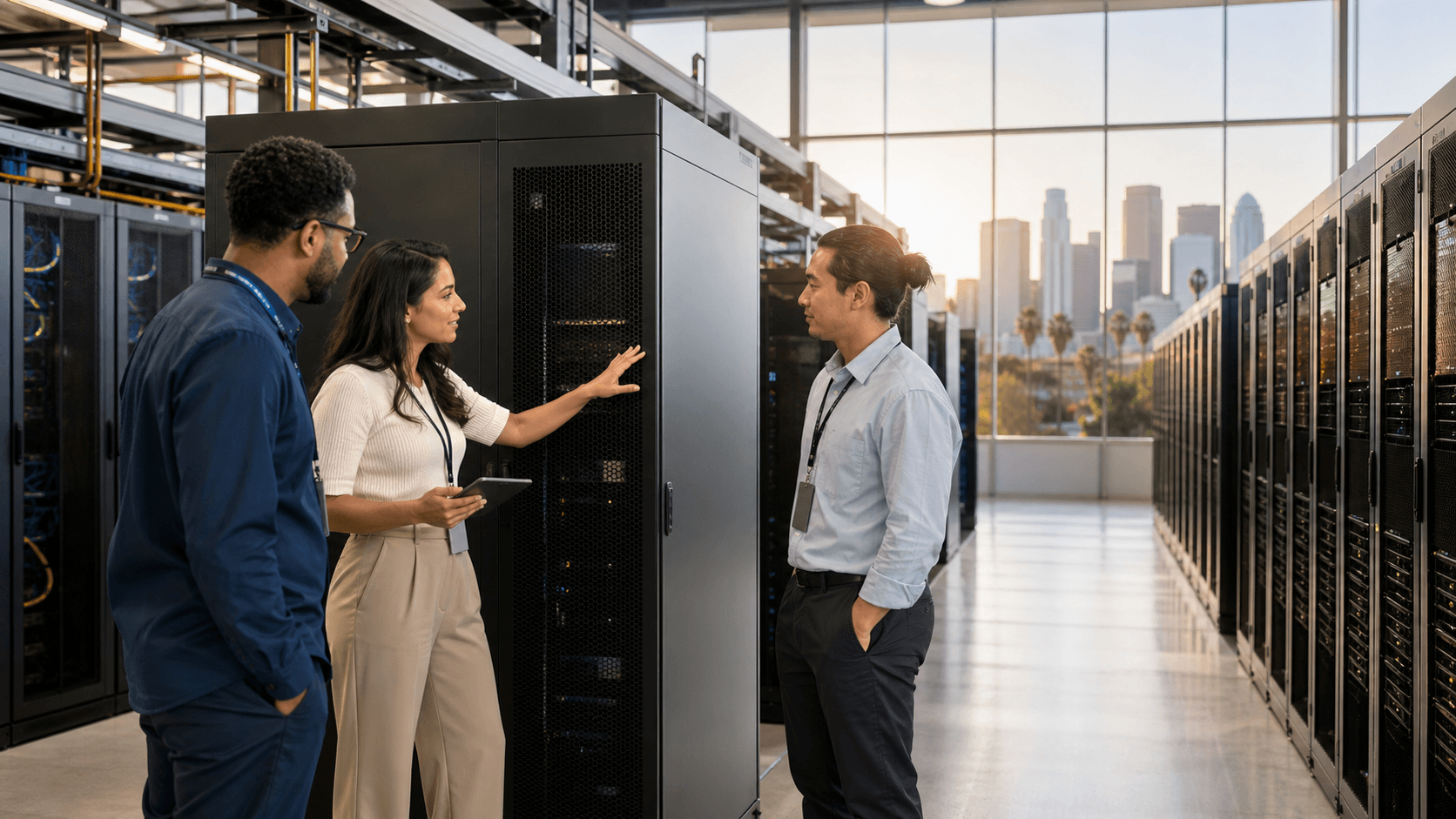Rows of black server cabinets glow with blue lights in a sleek Los Angeles data center.